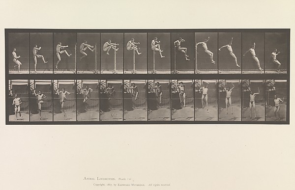 Eadweard Muybridge's 1887 motion study: a sequence of photographs of a man vaulting, frame by frame across a grid